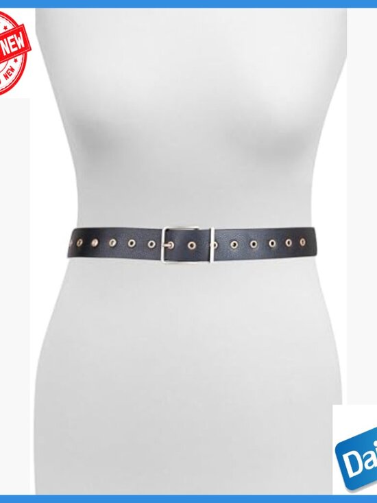 Adjustable Leather Belt with Roller Buckle, Eyelet Details, Medium-Large